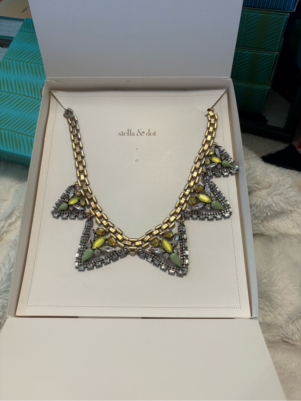 Stella & Dot Gold Statement Necklace with Lime and Silver Accents